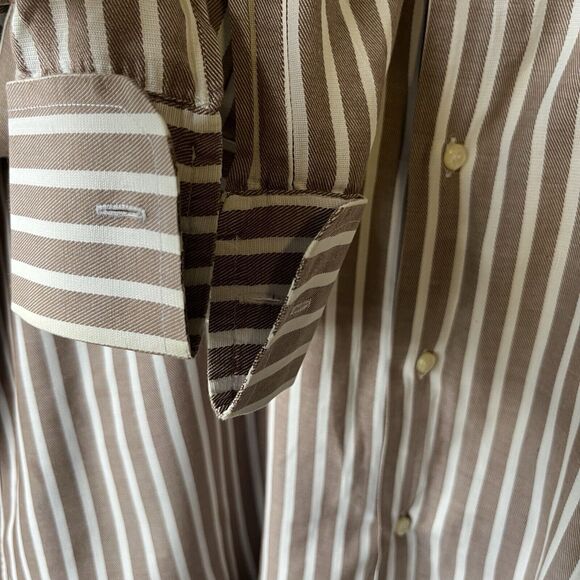 Tiglio Shirt Men  Beige Rustic Strip Cotton Dress Button Up Made in Italy 34/35 - Picture 6 of 14